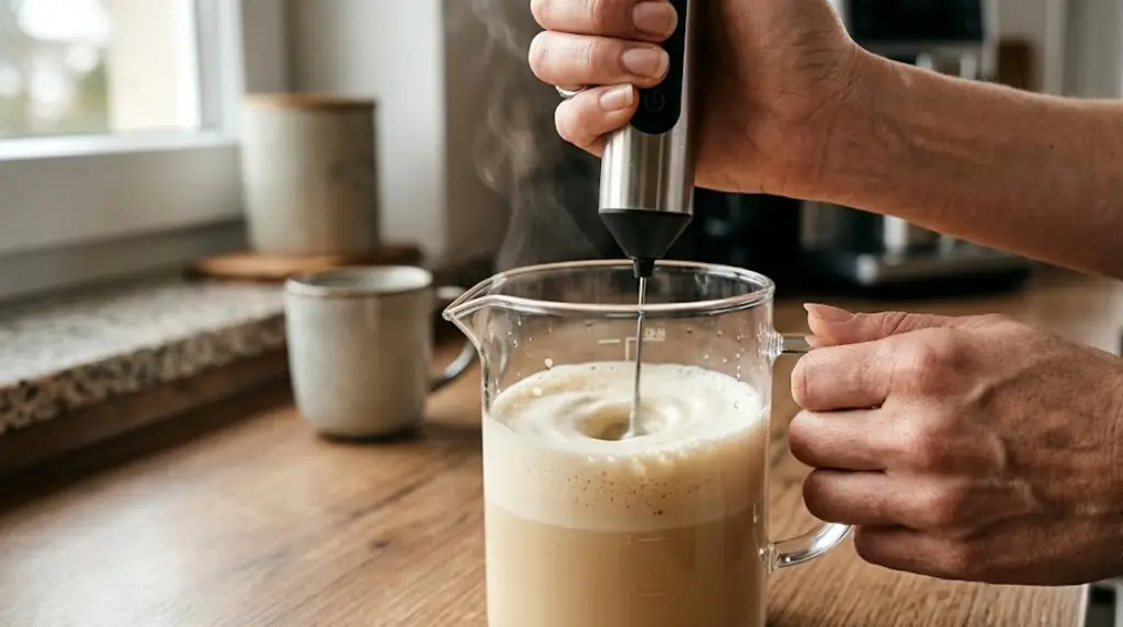 فوم&zwnj;گیری شیر گرم برای کاپوچینو با مینی همزن