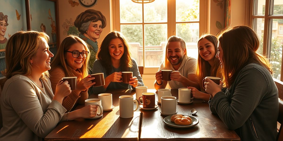 Happy people drinking coffee in a cafe setting
