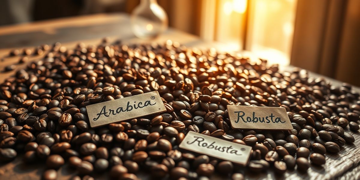 An array of different coffee beans on a wooden table, with labels for Arabica and Robusta.