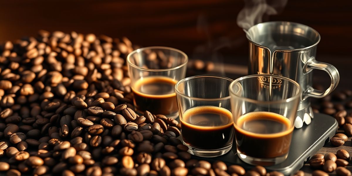 Quality coffee beans displayed with a cupping set, highlighting aroma and taste profiles.