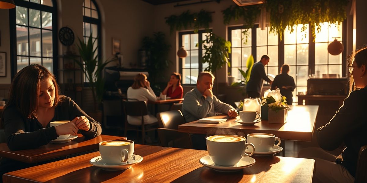 A serene coffee shop ambiance with customers enjoying their drinks