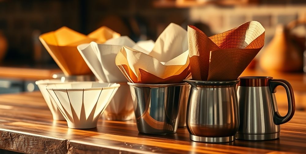 A close-up view of various coffee filters, both paper and metal, displayed on a kitchen countertop, emphasizing their textures and colors in a warm, cozy atmosphere.