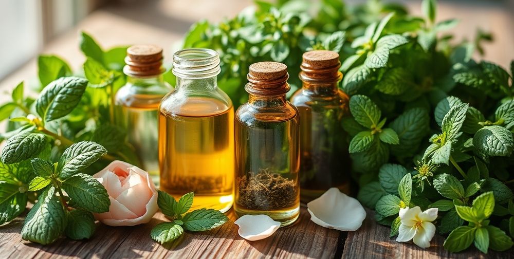 A close-up image of various traditional herbal essences in glass bottles surrounded by fresh herbs like mint, rose, and lemon balm, set on a wooden table with natural sunlight highlighting the bottles’ textures and colors, evoking a fresh and natural ambiance.