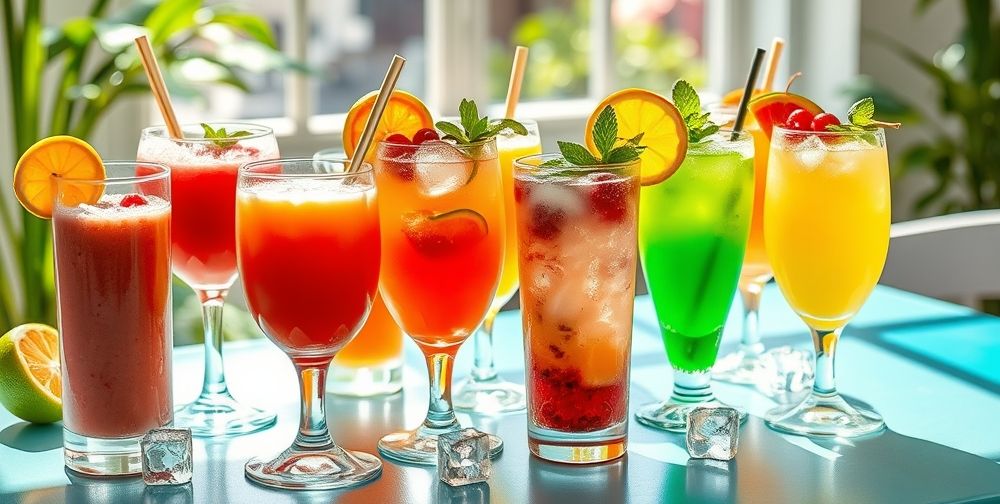 A bright, inviting tabletop featuring an array of colorful cold drinks in different glasses - smoothies, mocktails, fresh fruit juices with vibrant garnishes like citrus slices, berries and mint leaves. Soft daylight and ice cubes add a refreshing summer feel.