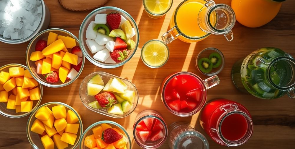 Close-up overhead shot of a DIY cold drink ingredients setup: diced fruits (like mango, strawberries, kiwis), bowls of crushed ice, pitchers of juice, and glass jars, all arranged neatly on a wooden countertop. Sunlight streams in, highlighting the vibrant natural colors.
