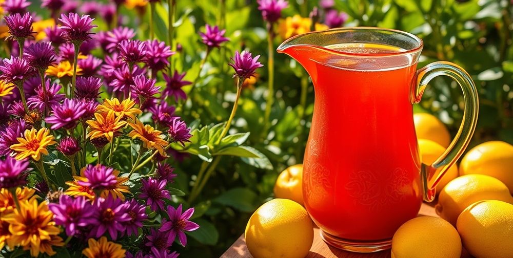 تصویر یک باغ زعفران و لیموی تازه در کنار یک ظرف شربت رنگارنگ با طراحی سنتی