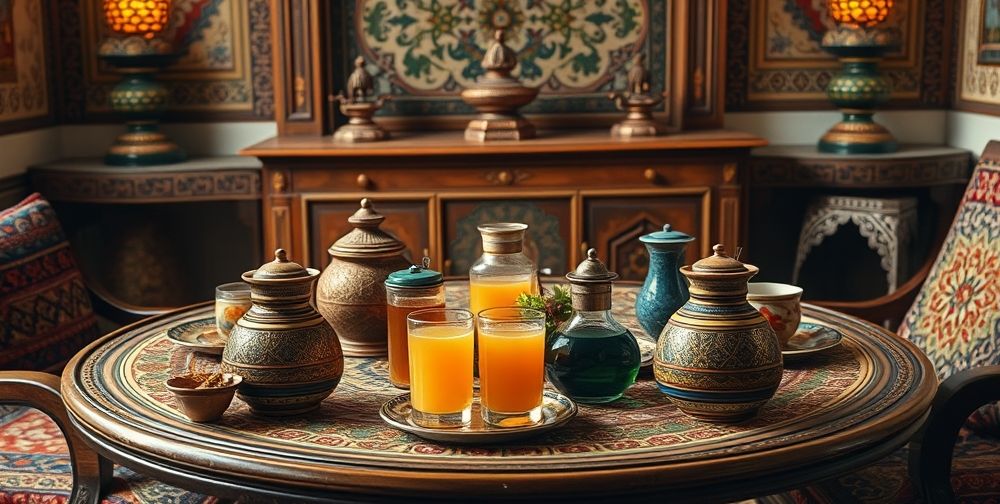 تصویر یک میز پذیرایی سنتی با ظروف سفالی پر از نوشیدنی‌های رنگارنگ و تزیینات سنتی ایرانی