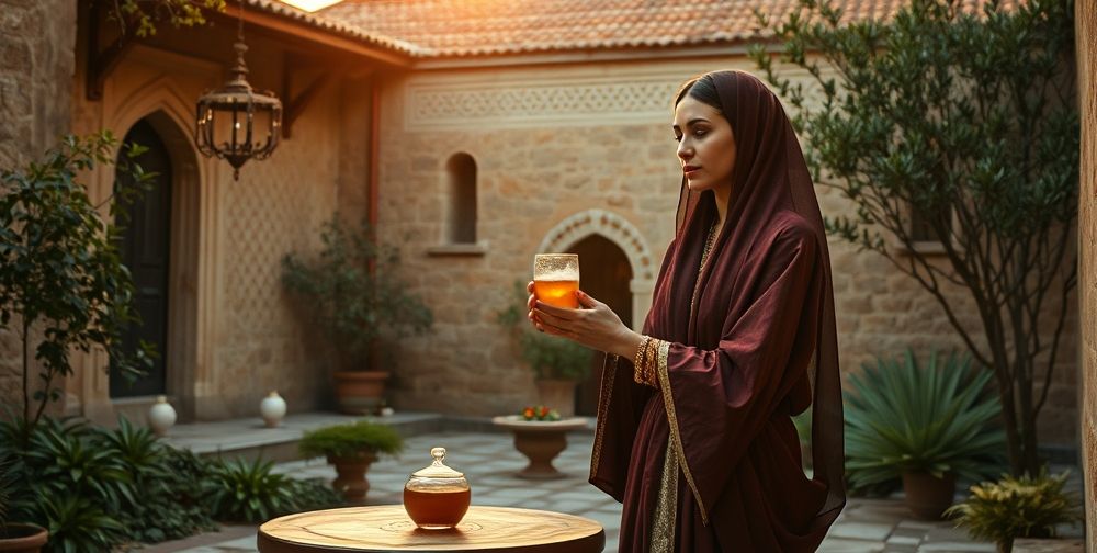 تصویر یک زن ایرانی در حال سرو کردن نوشیدنی سنتی در حیاط قدیمی با مناظر طبیعی و نور طلایی غروب