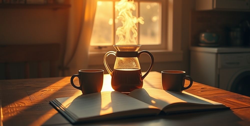 A cozy, warmly lit kitchen table at sunrise. On the table, a freshly brewed carafe of coffee, steam rising. Next to it, rustic cups, an open notebook, and sunbeams highlighting the rich color of the coffee.