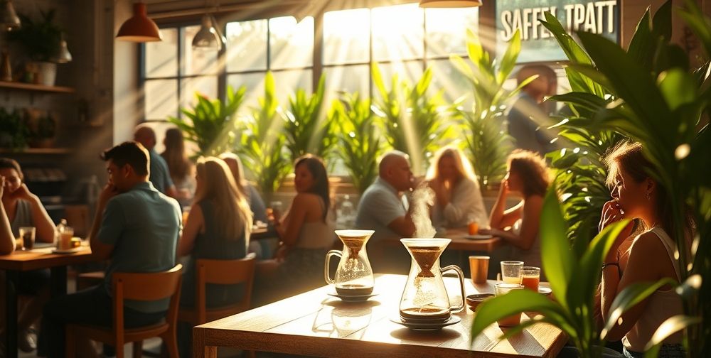 A bright morning café scene with people enjoying pour-over coffee, natural light streaming in, wooden tables, and lush green plants in the background, capturing the lively and communal spirit.