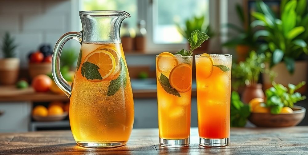 A sunlit glass jug and two tall glasses of vibrant homemade iced tea on a wooden table, garnished with lemon slices, mint leaves, and fresh ice cubes; background of a cozy kitchen with fruit bowls and greenery.