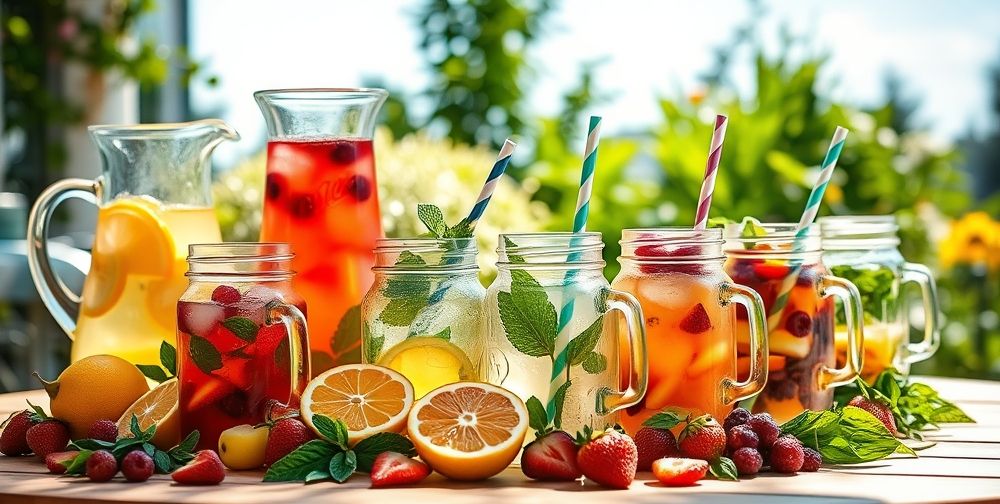 A collection of glass pitchers and mason jars filled with different flavored iced teas—lemon, berry, mint, and flower infusions—surrounded by fresh fruit, herbs, and decorative straws, set outdoors on a sunny garden table.