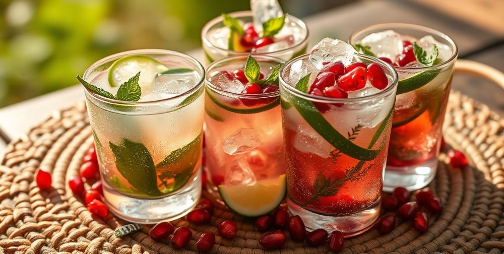 A close-up of condensation-covered glasses filled with icy herbal and fruit cold drinks; a cascade of fresh mint, lime, and pomegranate seeds floating on top, all placed on a rustic woven Persian tray under soft summer daylight.
