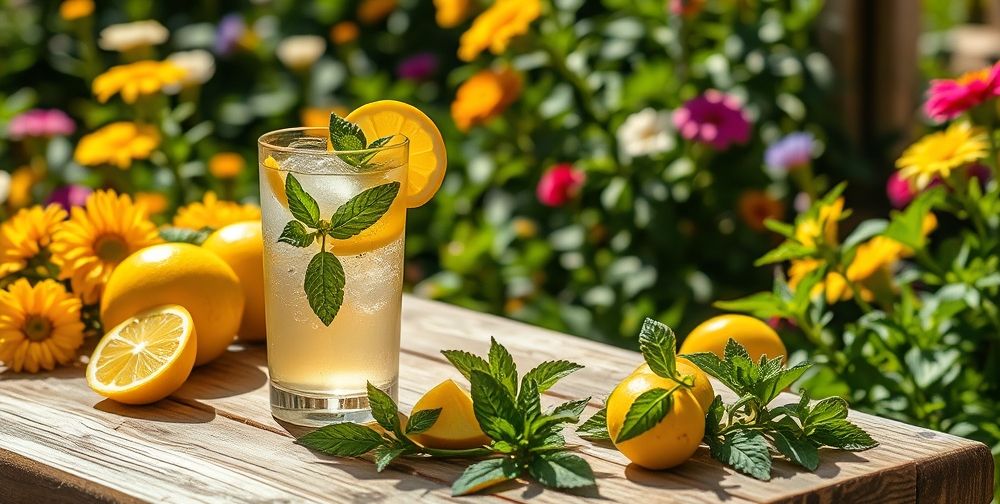 A vibrant outdoor setting with a glass of iced tea on a table, fresh lemon slices, mint leaves, vibrant colors, and a sunny summer mood