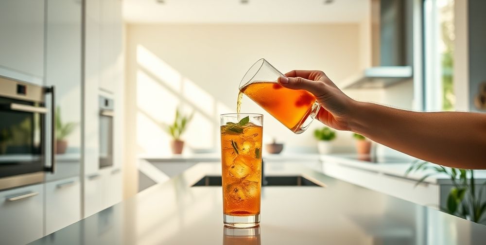 A modern kitchen with a person pouring freshly brewed iced tea into a tall glass, bright colors, and refreshing atmosphere