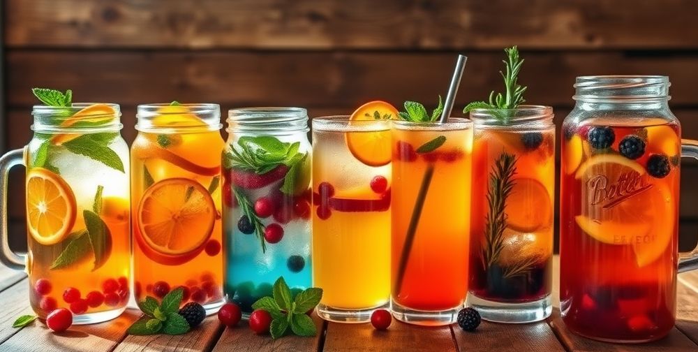A colorful collection of different iced tea varieties in glass jars with fruits and herbs, vibrant and appetizing