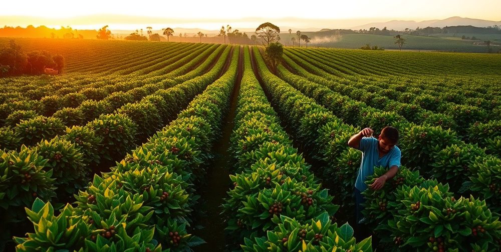 A lush Brazilian coffee plantation at sunrise, with rows of vibrant green coffee trees stretching into the distance, hardworking local farmers handpicking ripe red coffee cherries, and mist rising from the mountains in the background.