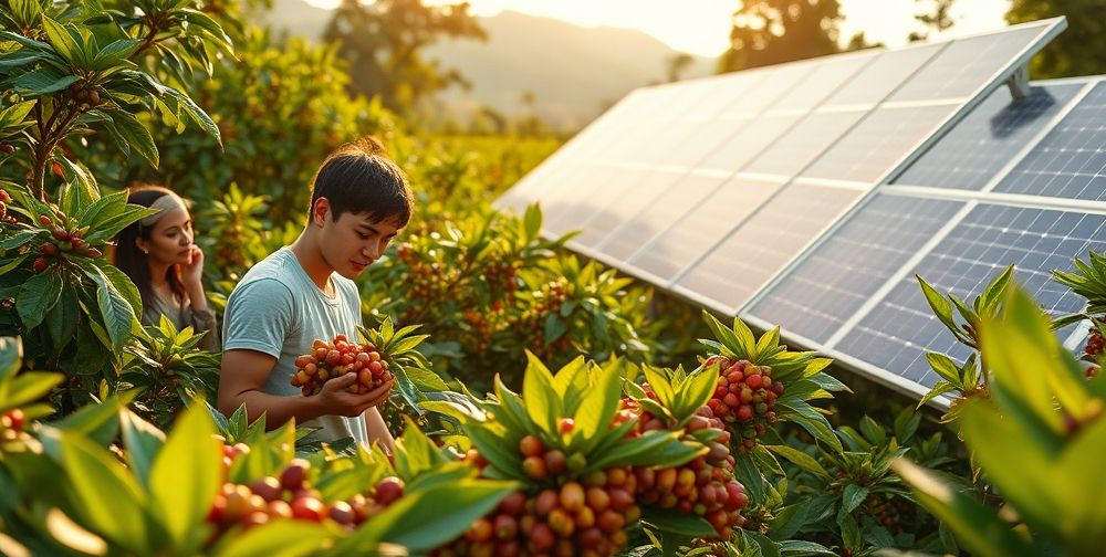 A modern sustainable coffee farm in Brazil with eco-friendly irrigation, young farmers inspecting glossy Arabica coffee cherries, solar panels nearby, and diverse native trees surrounding the plantation.