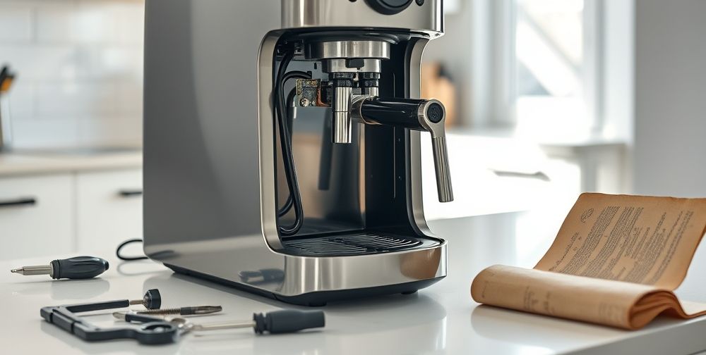A close-up of a modern home coffee machine with its case opened, showing detailed inner components like heating elements, circuit boards and water pipes, on a well-lit kitchen counter, alongside scattered small repair tools and a worn instruction manual.
