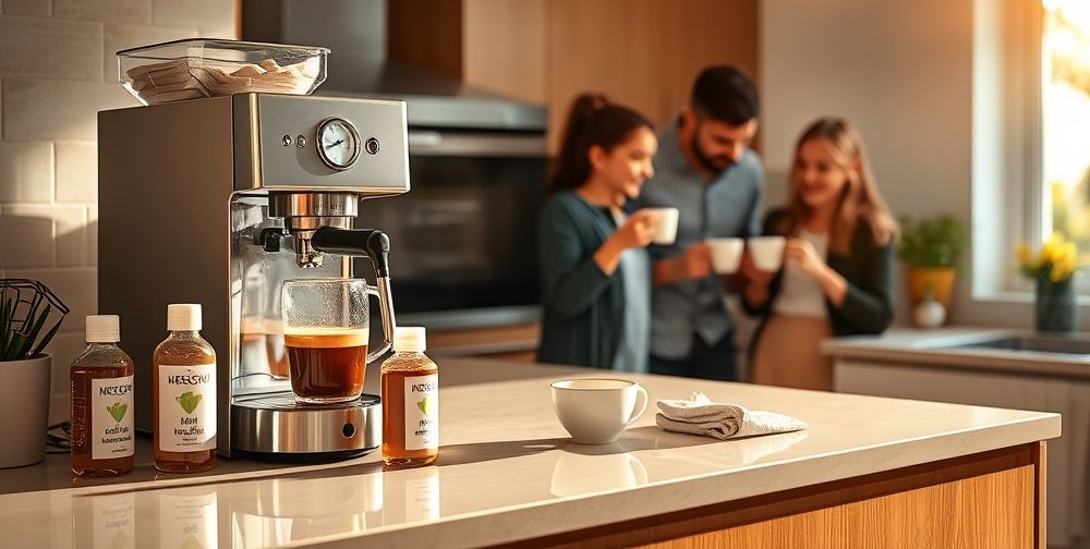 A tidy kitchen counter with a busy morning scene: a well-maintained coffee maker in use, family members sharing fresh cups, descaling solutions and a soft cloth visible nearby, sunlight streaming through a window.