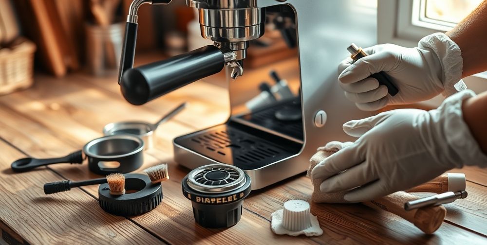A close-up shot of a disassembled espresso machine placed on a wooden kitchen countertop. The scene shows gloved hands diligently cleaning portafilter, steam wand, and various removable parts with specialized brushes and microfiber cloths under warm, natural light streaming from a nearby window.