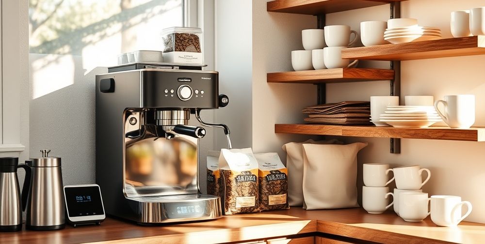 A cozy home coffee corner showing a pristine espresso machine next to a neatly stacked selection of fresh coffee beans, a digital timer, and sparkling clean cups on wooden shelves. Morning sunlight creates a welcoming, peaceful atmosphere, symbolizing the satisfaction of careful machine maintenance.
