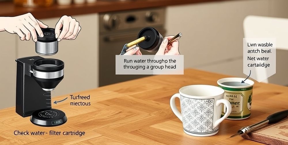 A step-by-step illustrated guide on a nearby kitchen table: someone unscrewing the portafilter, running water through the group head, using a small brush to clean, and checking the water filter cartridge. A classic Persian patterned mug is placed next to the tools.