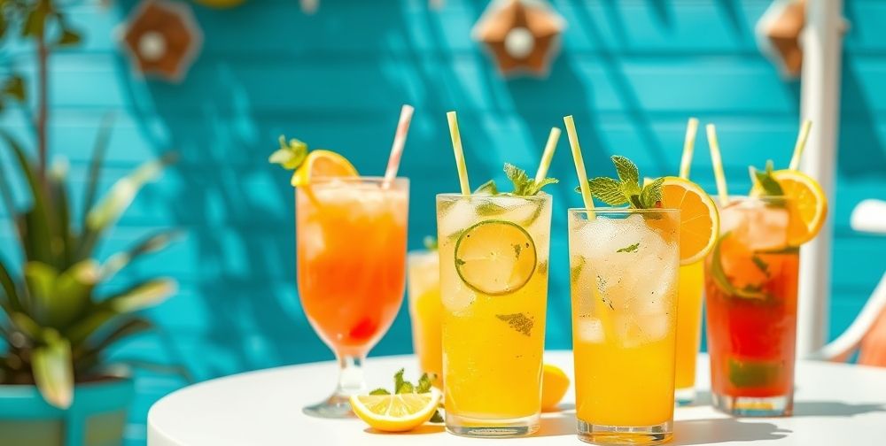 A bright summer outdoor scene with a table topped with colorful cold drinks, garnished with mint and citrus, sunny and lively atmosphere.