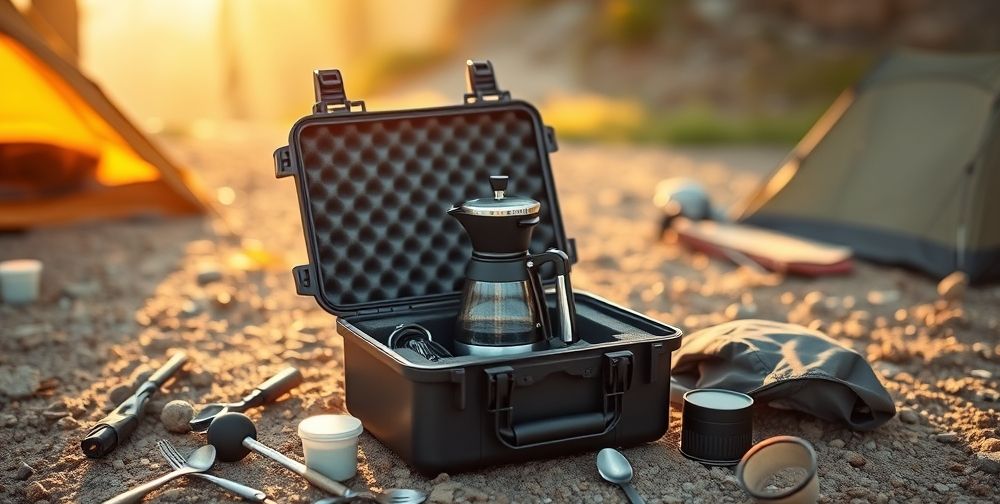 A travel scene with a compact coffee maker placed in a professional, foam-lined travel case, surrounded by scattered accessories like filters and spoons, set on a rugged campsite background under golden morning sunlight; emphasizing protection and adventure.