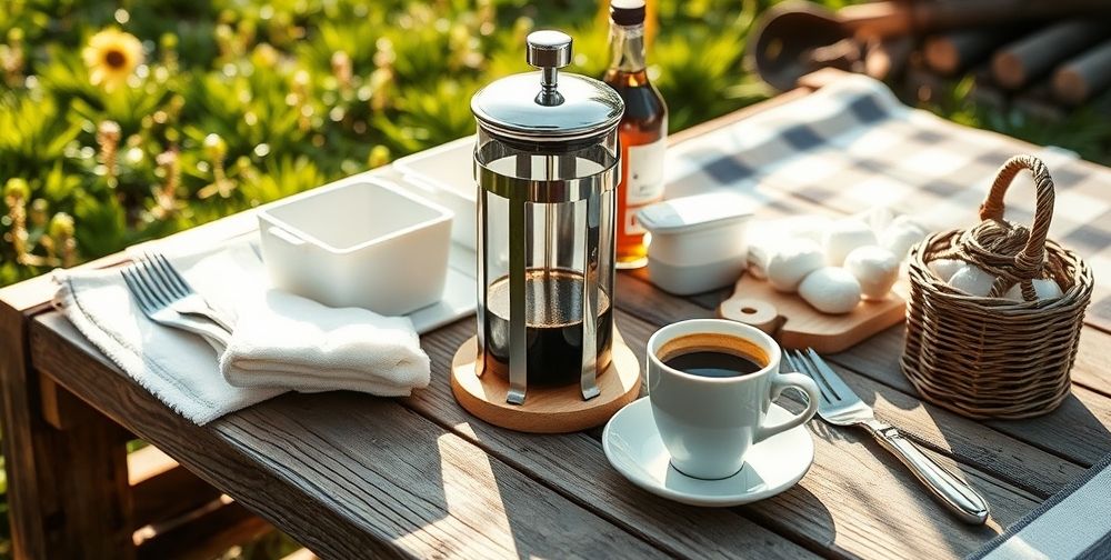 A cozy outdoor breakfast picnic with a freshly cleaned French press and accessories set on a rustic wooden table, surrounded by morning dew, a cup of steaming coffee, and eco-friendly cleaning tools; conveying freshness and cleanliness.