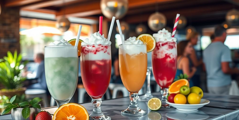 A stylish café bar with frothy, colorful iced creamy drinks in tall glasses, surrounded by fresh fruit, whipped cream, and a blurred crowd enjoying summer vibes on a sunny afternoon.