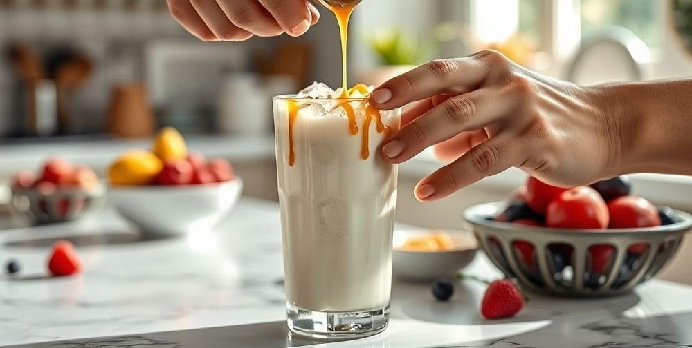 A close-up of hands preparing a homemade cold creamy drink using fresh ingredients: milk, crushed ice, real fruit, and a slow-pouring caramel topping, in a cozy kitchen with sunlight.