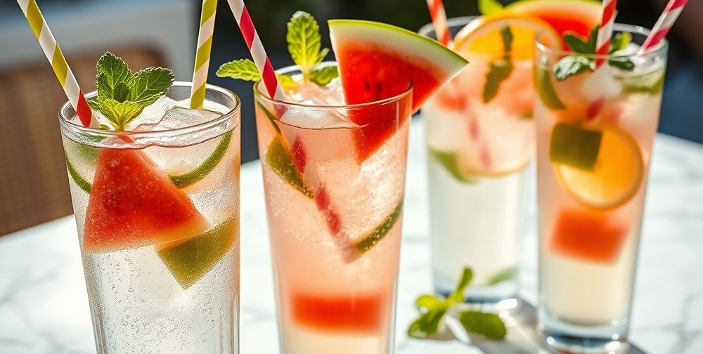 A close-up of sparkling cold summer drinks in tall glasses, adorned with watermelon slices, fresh mint leaves, citrus wedges, and colorful paper straws on a bright marble table. Sunlight sparkles off condensation on the glasses.