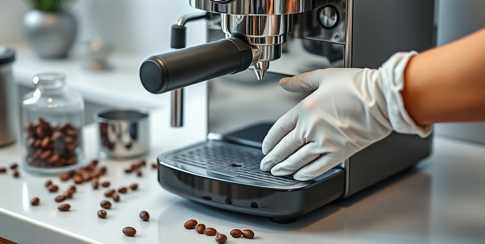 A close-up, high-resolution image of a modern espresso machine on a spotless kitchen countertop, surrounded by shiny tools and fresh coffee beans, with a pair of hands wearing gloves cleaning the drip tray and portafilter.