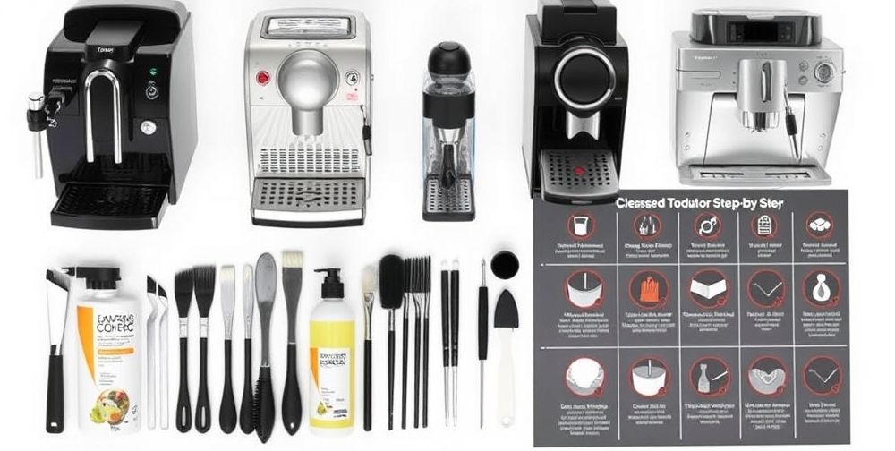 A set of coffee machine maintenance tools laid out next to different espresso machine models, with cleaning brushes, descaling solution bottles, and a visual step-by-step chart showing the cleaning process.