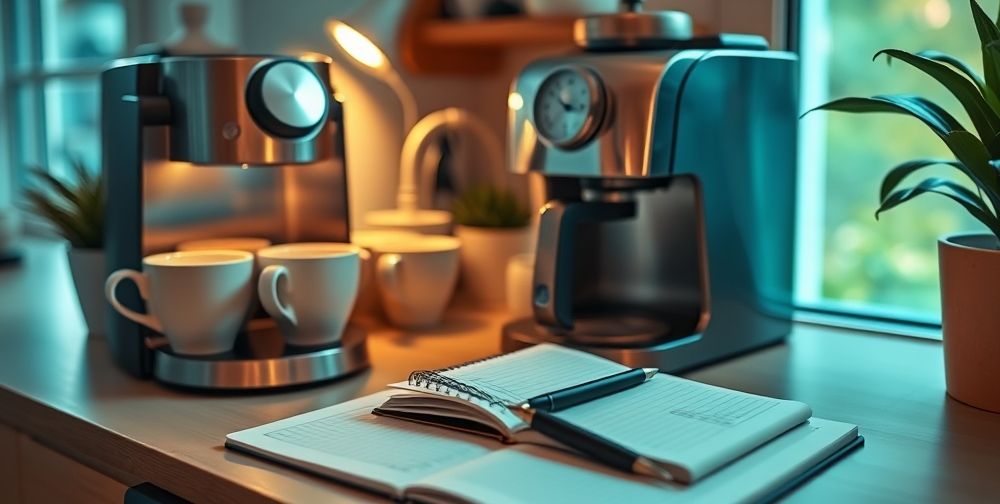 A beautifully lit home coffee station featuring a well-maintained coffee machine, cups arranged neatly, a small device notebook with checklists visible, and a pen resting on top, signifying record-keeping and routine care.
