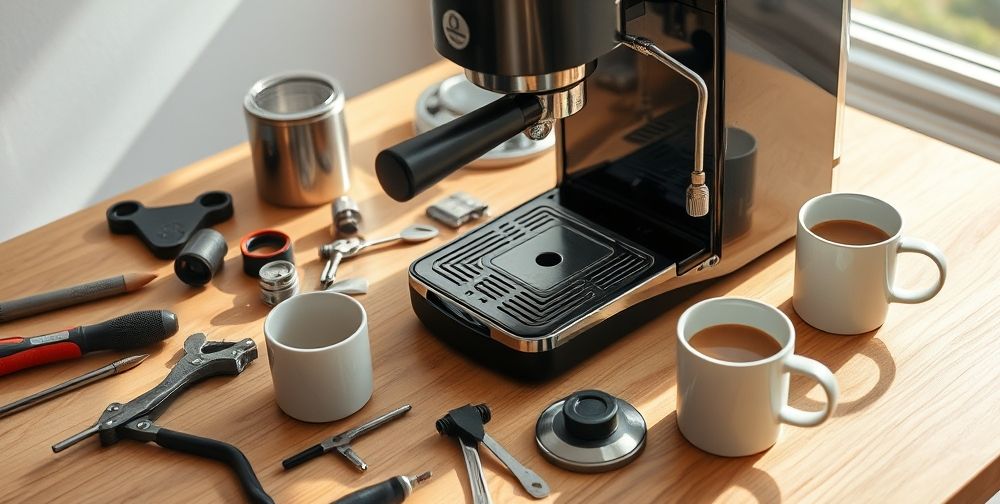 A close-up scene of a well-used coffee machine being carefully disassembled on a bright wooden table. Several tools, spare parts, and a mug of coffee are nearby, and clear sunlight illuminates the workspace, giving a sense of precision and care.