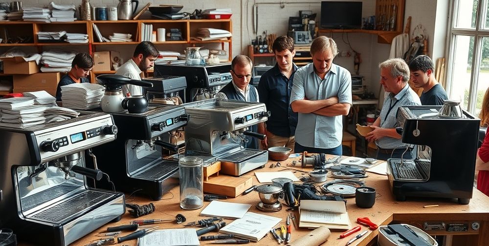 A detailed workspace showing several types of coffee machines in various states of repair. There are technical manuals, screwdrivers, replacement parts, and an instructor teaching attentive students, all caught in natural daylight, suggesting hands-on learning and expertise.