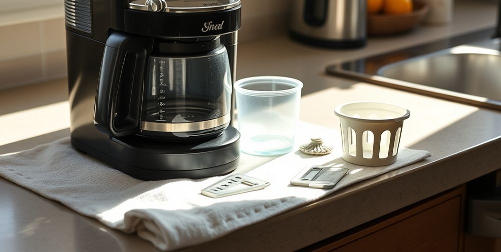 A close-up of a home kitchen counter featuring a mid-range coffee maker with some disassembled parts, like the water tank and brew basket, on a clean towel. Sunlight falls onto the counter, reflecting a relaxed morning repair scene.