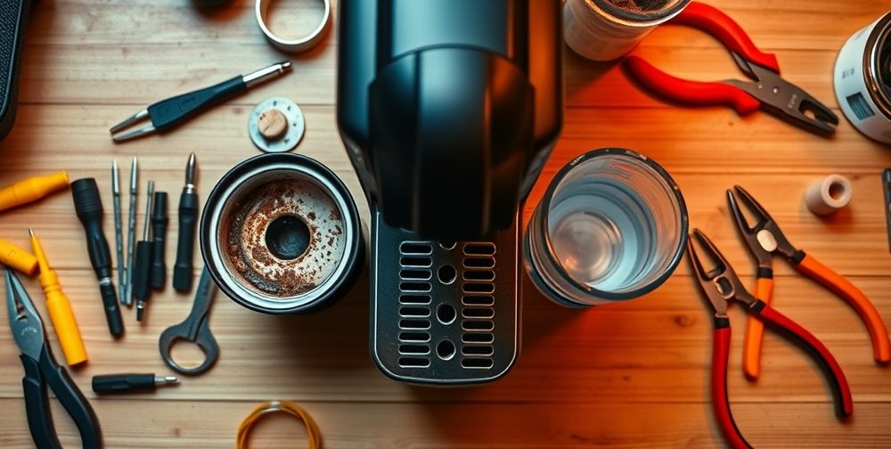 A tidy workspace with basic tools (screwdrivers, pliers, spare coffee machine gasket) arranged around a compact espresso machine, showing a before-and-after contrast between a dirty and a cleaned water tank. Vivid lighting emphasizes home repair atmosphere.