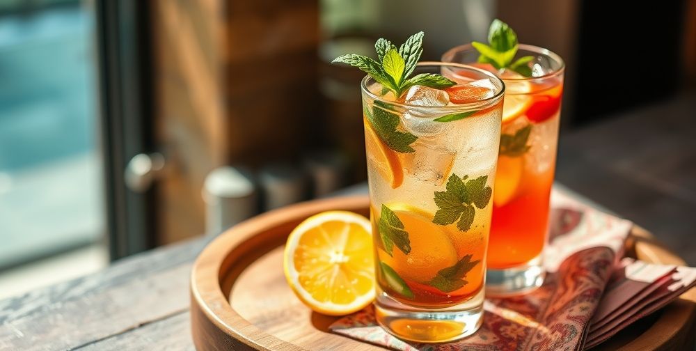 A chilled transparent glass filled with vibrant layered drinks, fresh mint leaves, sliced citrus fruits, and ice cubes glistening in bright sunlight on a rustic Persian wooden tray with colorful patterned napkins.