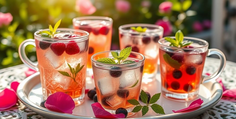 A Persian garden tea set with chilled glasses, floating wild berries, rose petals, sprigs of fresh mint, and crushed ice, served under late afternoon dappled sunlight.
