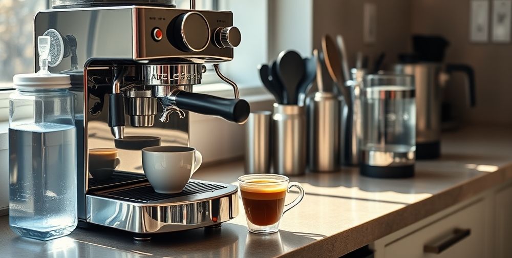 A modern kitchen counter with a well-maintained espresso machine, a sparkling clean water reservoir nearby, and barista tools neatly organized. Sunlight comes through a window, emphasizing the gleaming chrome parts and showing a freshly brewed cup of coffee.