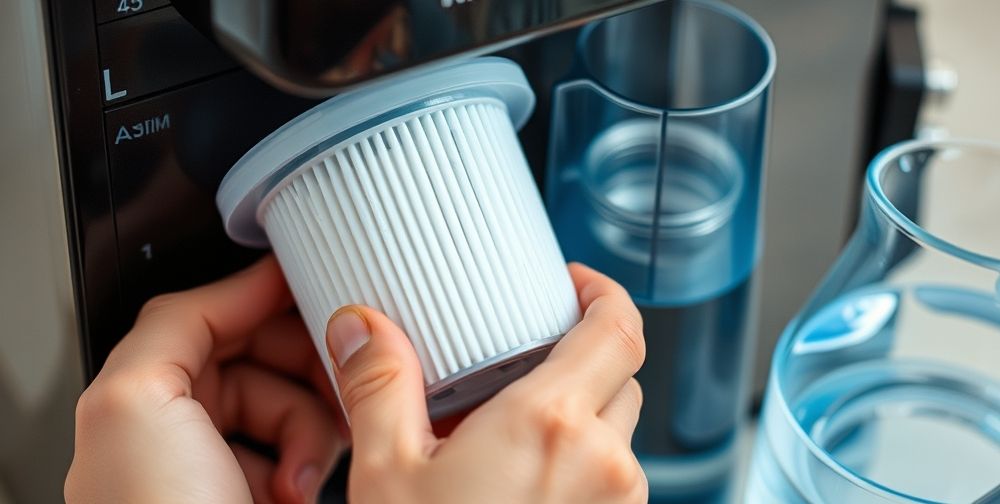 A close-up shot of a water filter cartridge being replaced in a home espresso machine, granular minerals visible, clean hands, and a clear blue jug of filtered water on the side.