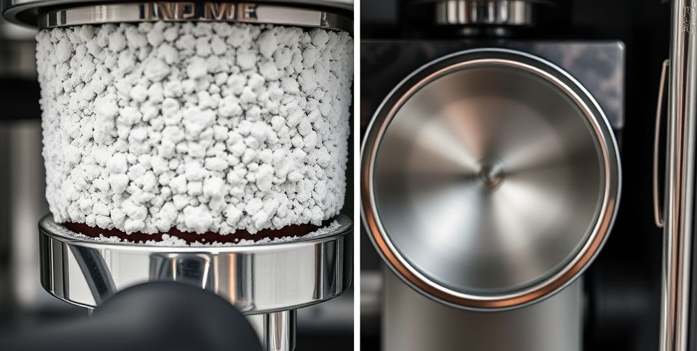 Close up of the interior of a modern espresso machine showing white, chalky mineral scale buildup on pipes and heating element, set next to a clean, gleaming section for comparison to highlight the importance of regular descaling.