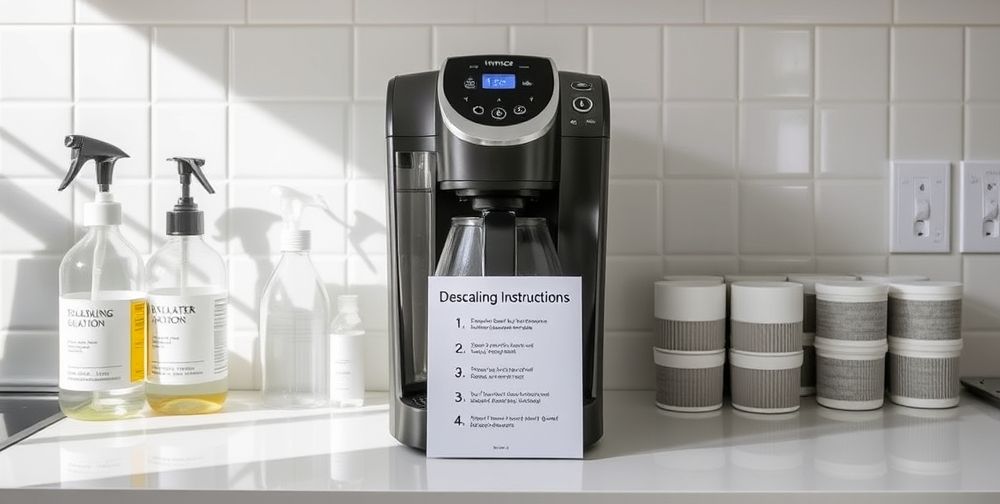 A bright, spotless kitchen counter with a modern coffee maker in the center, surrounded by bottles of cleaning solution, water filter cartridges, and a clear step-by-step “descaling instructions” sheet, conveying a sense of cleanliness, order, and preparedness.