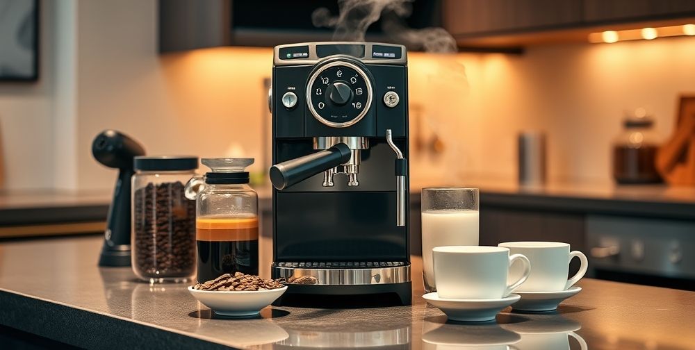 A modern kitchen countertop with a high-end espresso machine, freshly ground coffee beans, a milk frother, and neatly arranged cups. Warm lighting and steam rising from the machine create a cozy, inviting atmosphere perfect for coffee preparation.