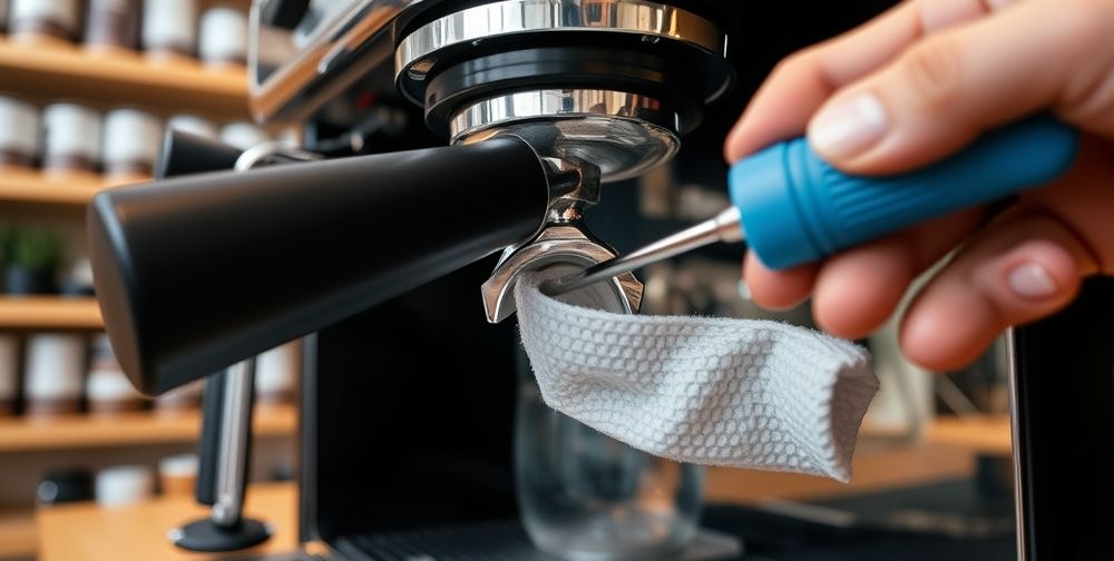 A close-up shot of hands cleaning the portafilter and steam wand of an espresso machine using specialized brushes and cleaning products. The background features shelves of coffee beans and accessories for a professional café vibe.