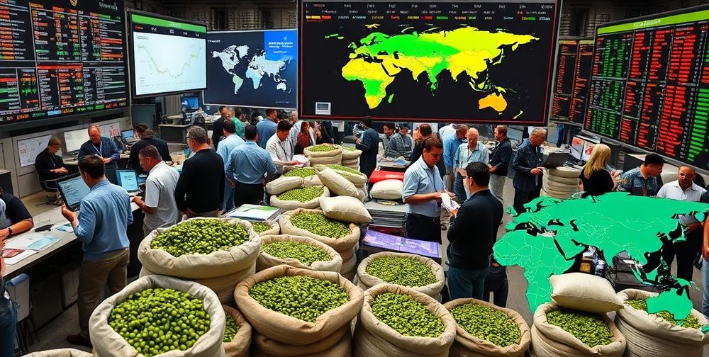 A bustling international coffee trading floor with diverse traders analyzing graphs, sacks of green coffee beans from different origins, and digital world maps showing key coffee-producing regions.