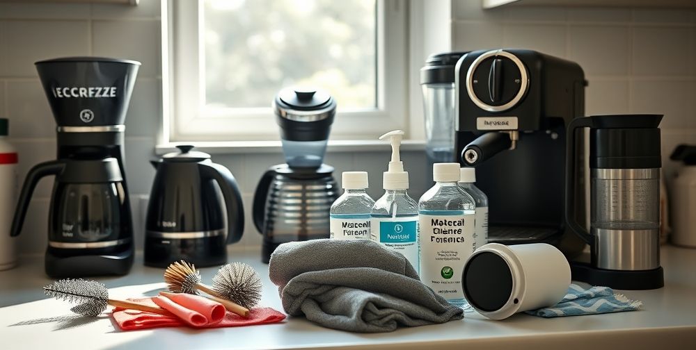 A tidy kitchen counter with various types of coffee makers (drip, espresso, French press) in focus. Detailed cleaning brushes, microfiber cloths, bottles of descaling solution, and a water filter are attractively laid out, sunlight shining through a window, evoking freshness and cleanliness.